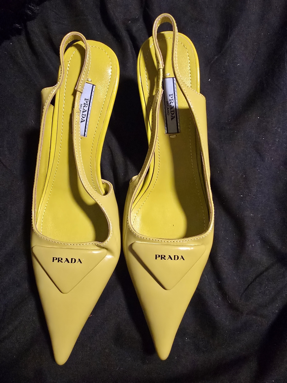 Prada Yellow Pointed Slingback Flats with Logo Triangle